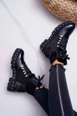 Botki Damskie Płaski Obcas Czarne Farell