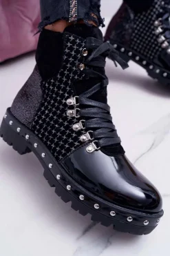 Botki Damskie Płaski Obcas Czarne Farell