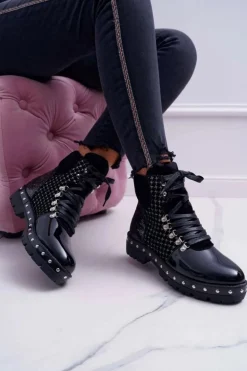 Botki Damskie Płaski Obcas Czarne Farell