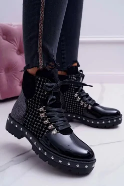 Botki Damskie Płaski Obcas Czarne Farell