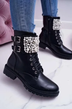 Botki Damskie Płaski Obcas Militarne Czarne Bemmer