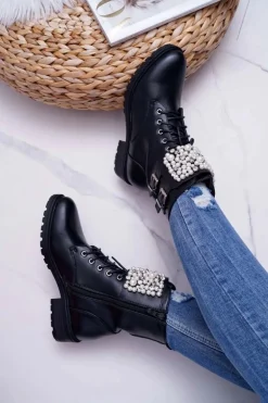 Botki Damskie Płaski Obcas Militarne Czarne Bemmer