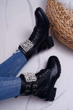 Botki Damskie Płaski Obcas Militarne Czarne Bemmer