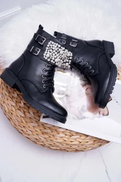 Botki Damskie Płaski Obcas Militarne Czarne Bemmer