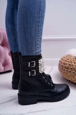 Botki Damskie Płaski Obcas Militarne Czarne Bemmer