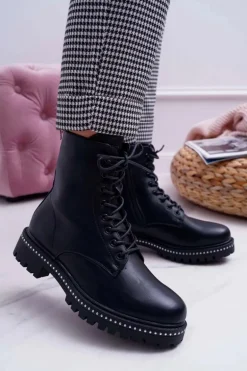 Botki Damskie Płaski Obcas Wysokie Glany Czarne Hippe