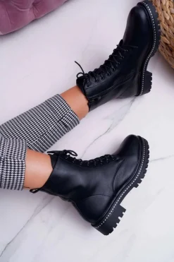 Botki Damskie Płaski Obcas Wysokie Glany Czarne Hippe