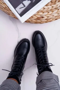 Botki Damskie Płaski Obcas Wysokie Glany Czarne Hippe