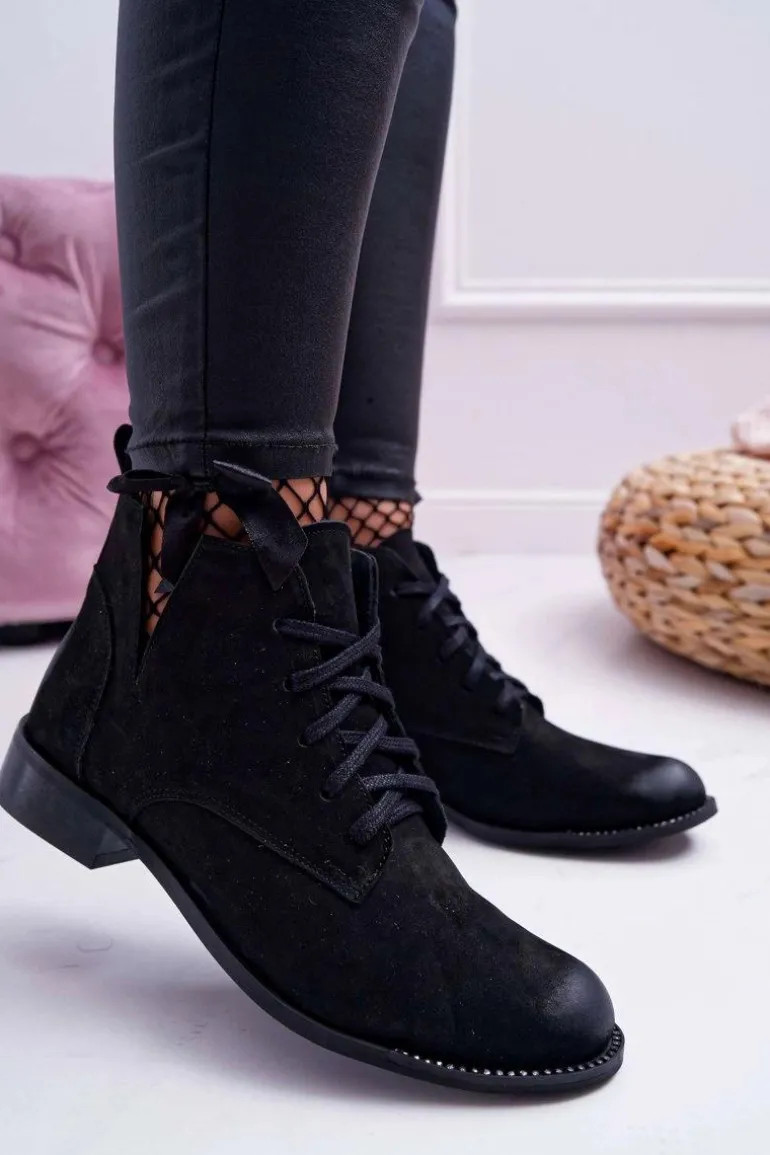 Botki Damskie Płaski Obcas Nubuk Czarne Nicole 2420