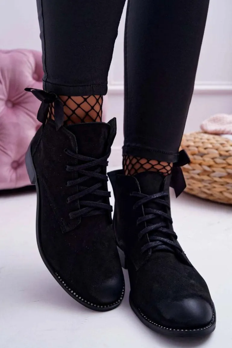 Botki Damskie Płaski Obcas Nubuk Czarne Nicole 2420