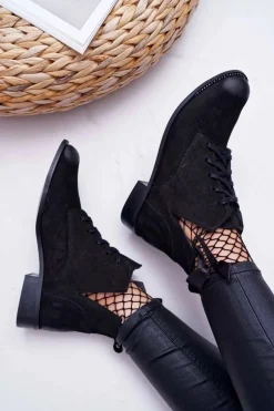 Botki Damskie Płaski Obcas Nubuk Czarne Nicole 2420