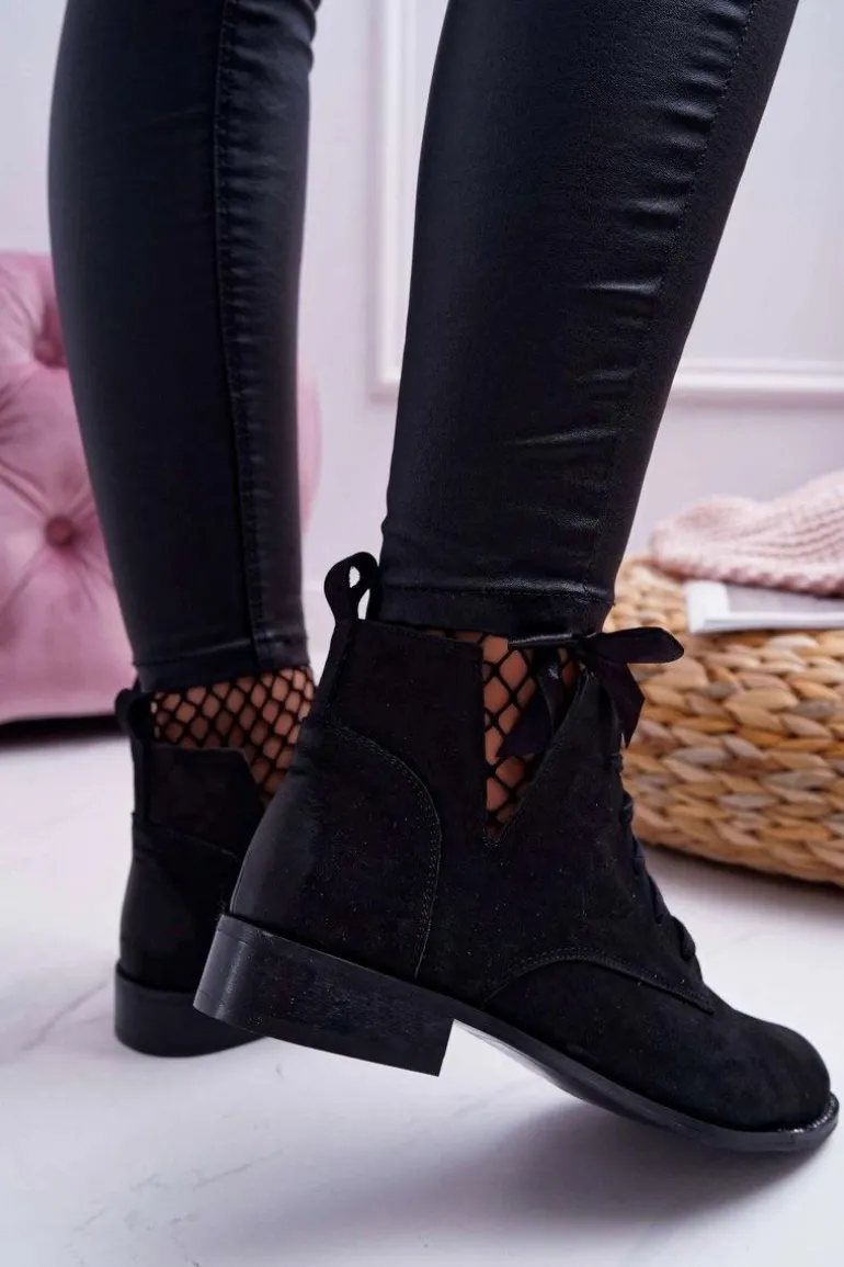 Botki Damskie Płaski Obcas Nubuk Czarne Nicole 2420