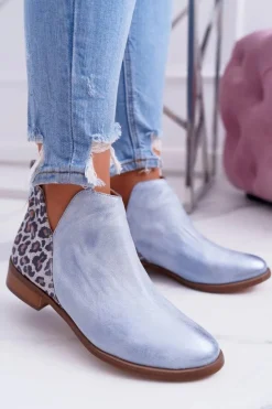 Botki Damskie Płaski Obcas Wiosenne Skórzane Niebieskie Madness