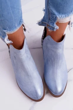 Botki Damskie Płaski Obcas Wiosenne Skórzane Niebieskie Madness
