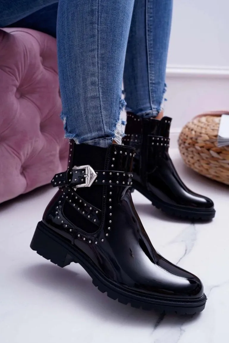 Botki Damskie Płaski Obcas Ciepłe Lakierowane Czarne Verre