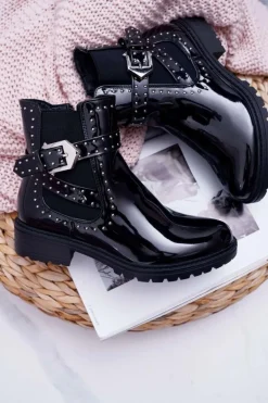 Botki Damskie Płaski Obcas Ciepłe Lakierowane Czarne Verre