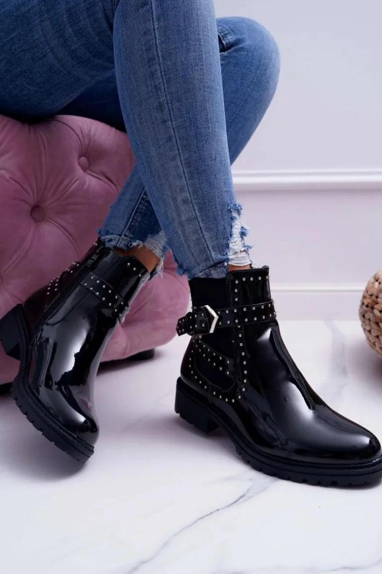 Botki Damskie Płaski Obcas Ciepłe Lakierowane Czarne Verre