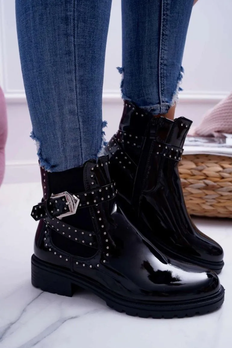 Botki Damskie Płaski Obcas Ciepłe Lakierowane Czarne Verre