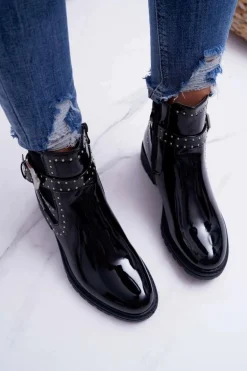 Botki Damskie Płaski Obcas Ciepłe Lakierowane Czarne Verre