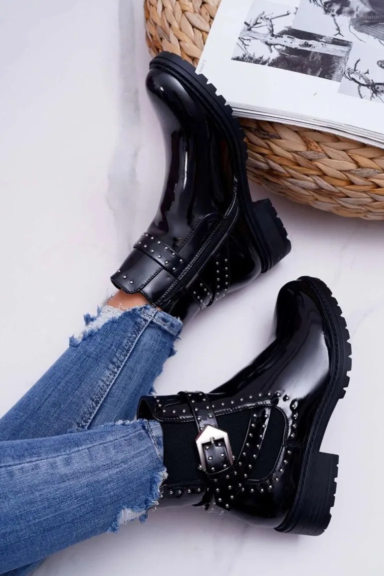 Botki Damskie Płaski Obcas Ciepłe Lakierowane Czarne Verre