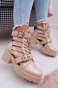 Botki Damskie Płaski Obcas Wiosenne Lakierowane Beżowe Single