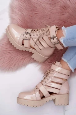 Botki Damskie Płaski Obcas Wiosenne Lakierowane Beżowe Single