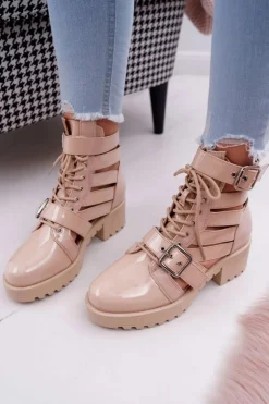 Botki Damskie Płaski Obcas Wiosenne Lakierowane Beżowe Single