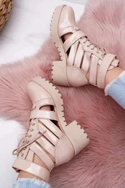 Botki Damskie Płaski Obcas Wiosenne Lakierowane Beżowe Single