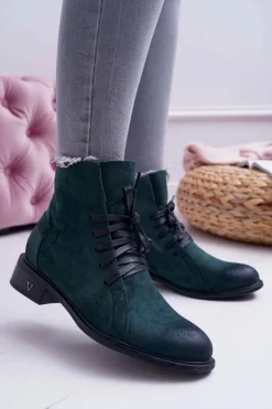 Botki Damskie Płaski Obcas Workery Zielone Teref