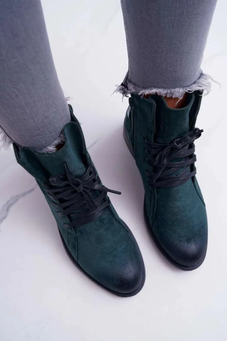 Botki Damskie Płaski Obcas Workery Zielone Teref