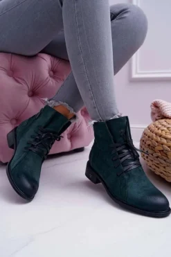 Botki Damskie Płaski Obcas Workery Zielone Teref