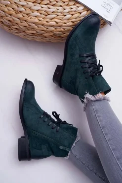 Botki Damskie Płaski Obcas Workery Zielone Teref