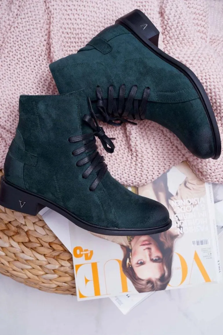 Botki Damskie Płaski Obcas Workery Zielone Teref