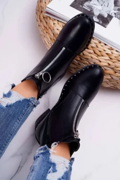 Botki Damskie Płaskie Ozdobny Suwak Czarne Vermina