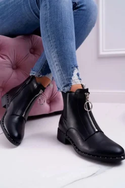 Botki Damskie Płaskie Ozdobny Suwak Czarne Vermina
