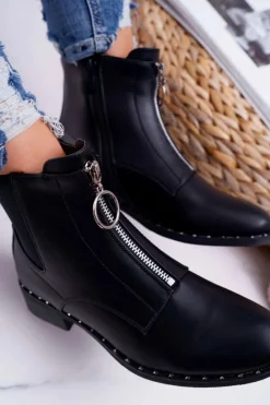 Botki Damskie Płaskie Ozdobny Suwak Czarne Vermina