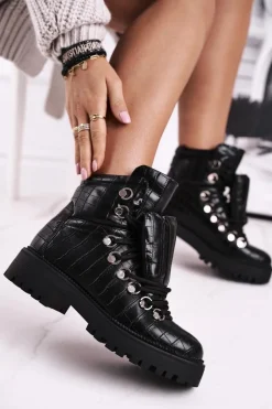 Botki Damskie Płaskie z Językiem Czarne Passa