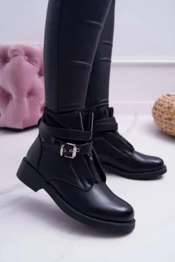 Botki Damskie Płaskie z Kryształkami Klamra Czarne Denovio