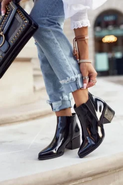 Botki Damskie Sergio Leone Sztyblety Lakierowane Czarne BT621