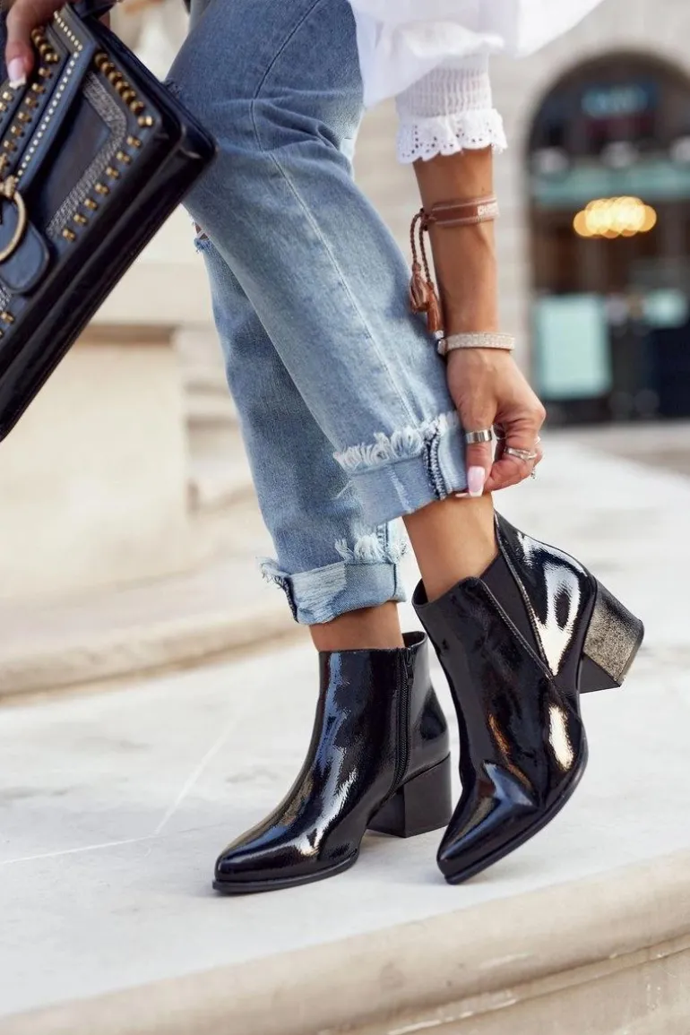 Botki Damskie Sergio Leone Sztyblety Lakierowane Czarne BT621