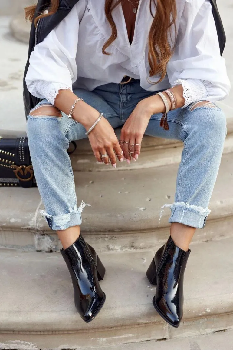 Botki Damskie Sergio Leone Sztyblety Lakierowane Czarne BT621