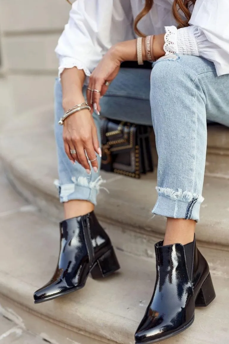 Botki Damskie Sergio Leone Sztyblety Lakierowane Czarne BT621