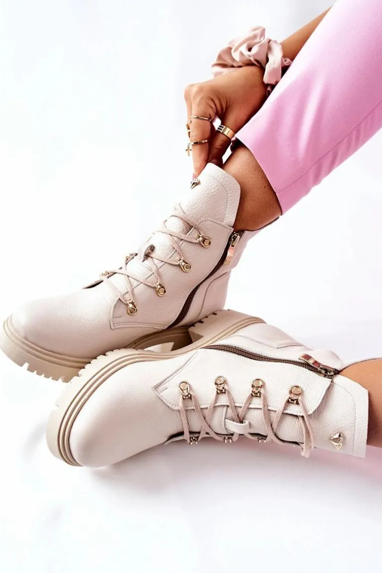 Botki Damskie Skórzane Beżowe Nicole 2674