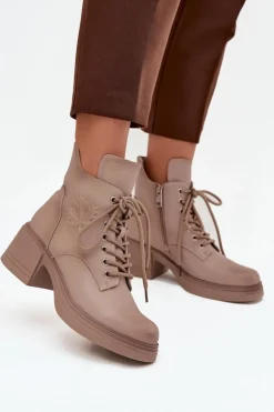 Botki Damskie Skórzane Na Klocku Ocieplane Vinceza 39950 Beżowe