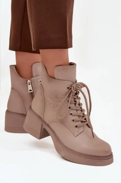 Botki Damskie Skórzane Na Klocku Ocieplane Vinceza 39950 Beżowe