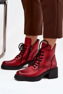Botki Damskie Skórzane Na Klocku Ocieplane Vinceza 39950 Czerwone