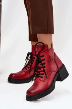Botki Damskie Skórzane Na Klocku Ocieplane Vinceza 39950 Czerwone