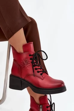 Botki Damskie Skórzane Na Klocku Ocieplane Vinceza 39950 Czerwone