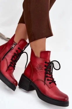 Botki Damskie Skórzane Na Klocku Ocieplane Vinceza 39950 Czerwone