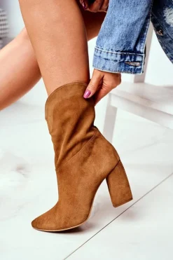 Botki Damskie Skórzane na Obcasie Laura Messi Camel 2123